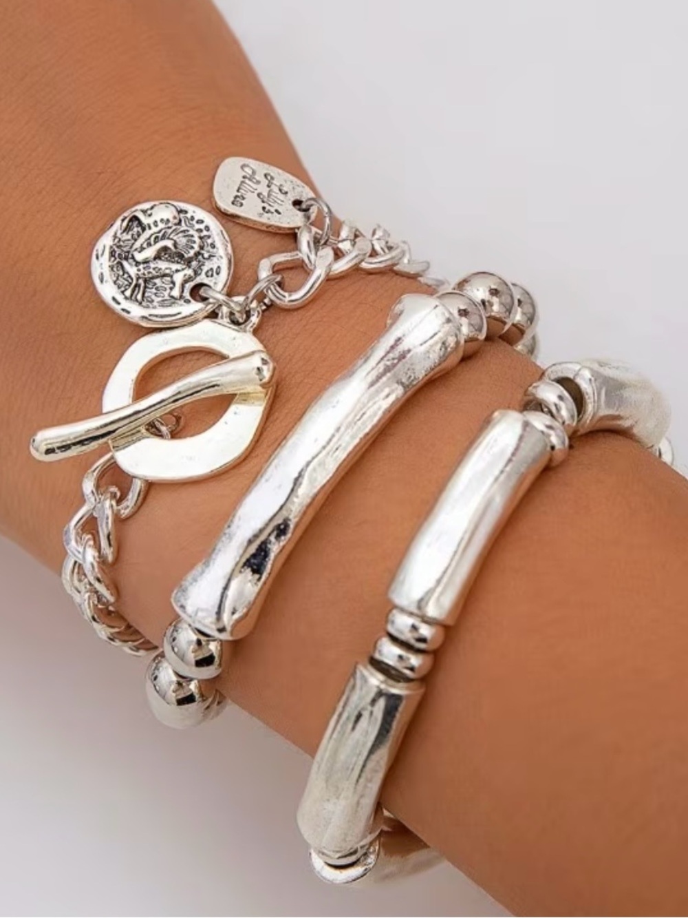 Sterling-Style Silver Charm & Tube Bracelet Set - Women's Jewelry